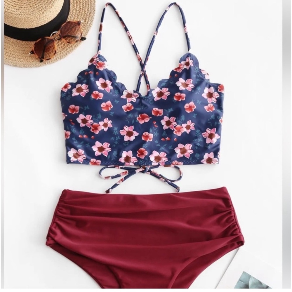 ZAFUL Bikini Tankini Top Crossover Lace-up Back Padded Floral Scalloped Cropped